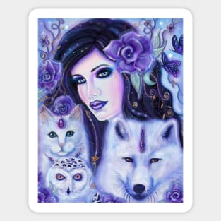 Diana goddess with wolf, owl, cat by Renee Lavoie Sticker